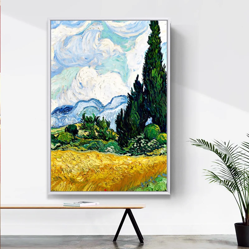 Pintura de campo de trigo otoñal de granja, arte de pared de Van Gogh verde-amarillo para el hogar Verde Clearhalo