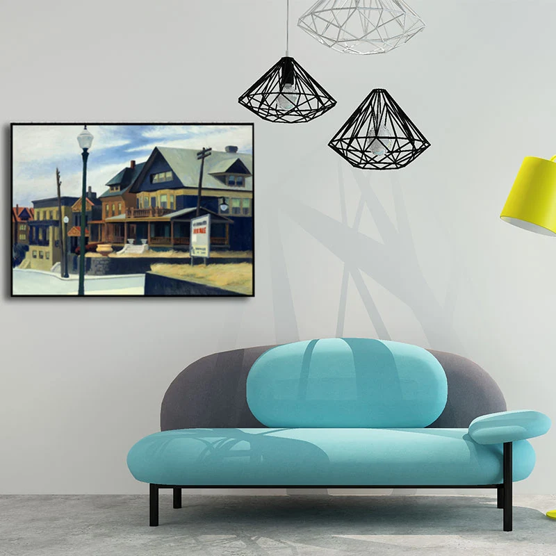 Pintura de casas de suburbio azul, lienzo con superficie texturizada, arte de pared para sala de estar Azul Clearhalo
