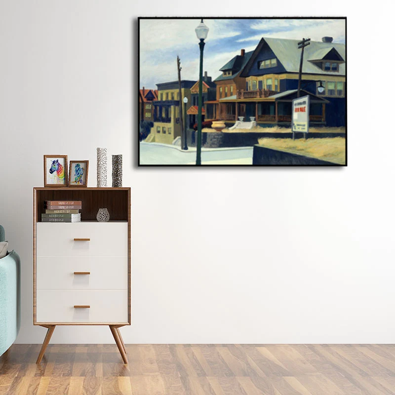Pintura de casas de suburbio azul, lienzo con superficie texturizada, arte de pared para sala de estar Azul Clearhalo