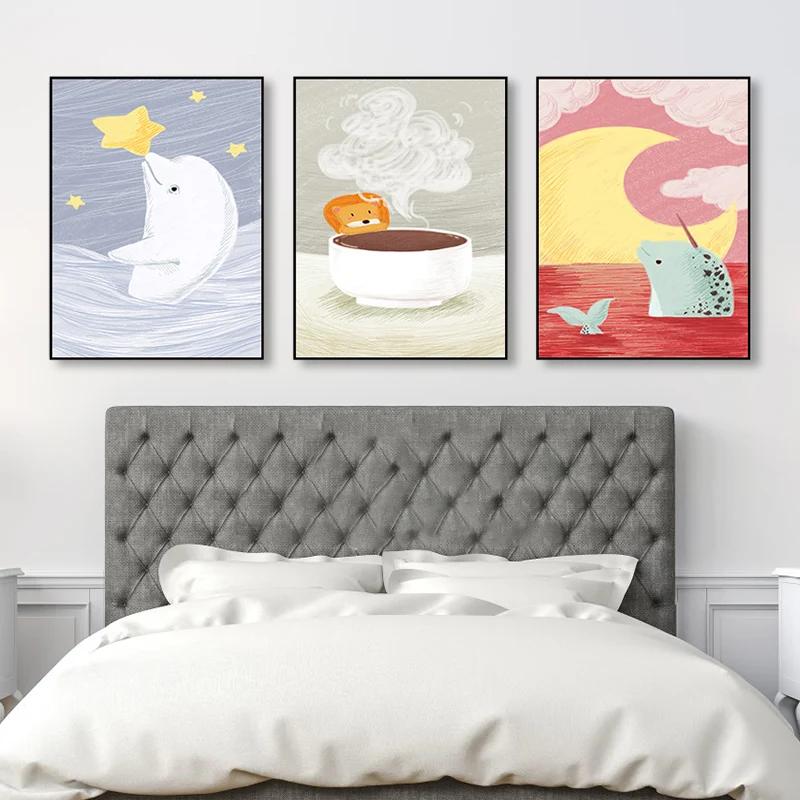 Pintura con vista de animal blanco, ilustración, arte infantil, lienzo texturizado para sala de estar Blanco Clearhalo