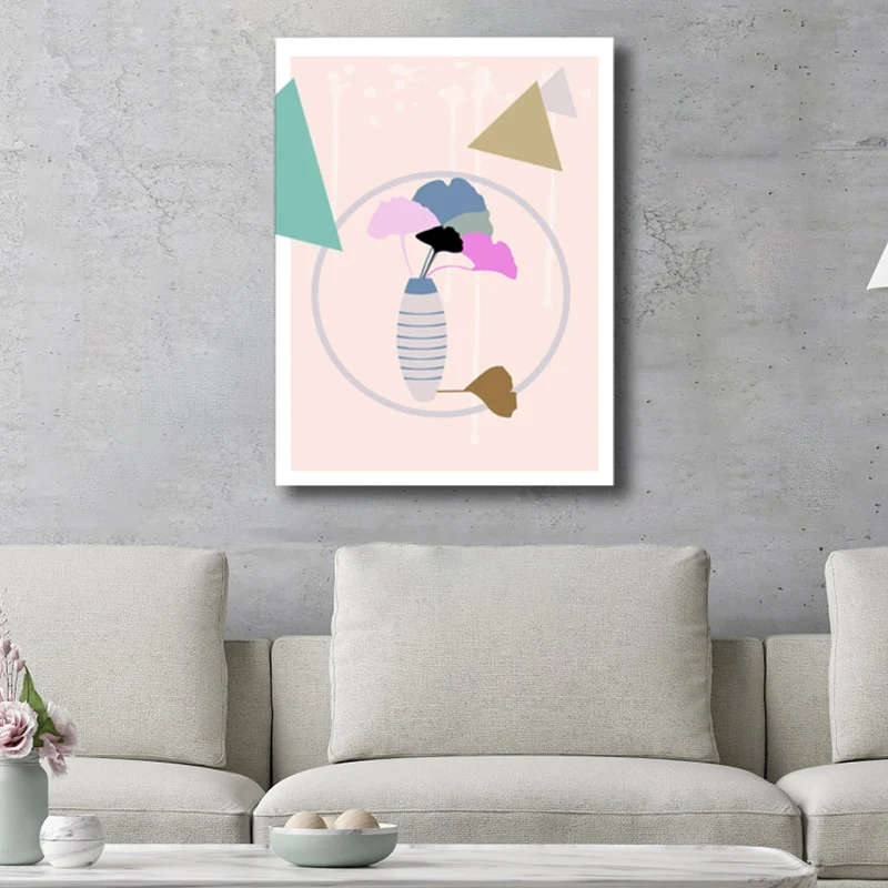Pintura de hojas y jarrón, lienzo de estilo nórdico, decoración artística de pared en rosa para baño Rosa Clearhalo