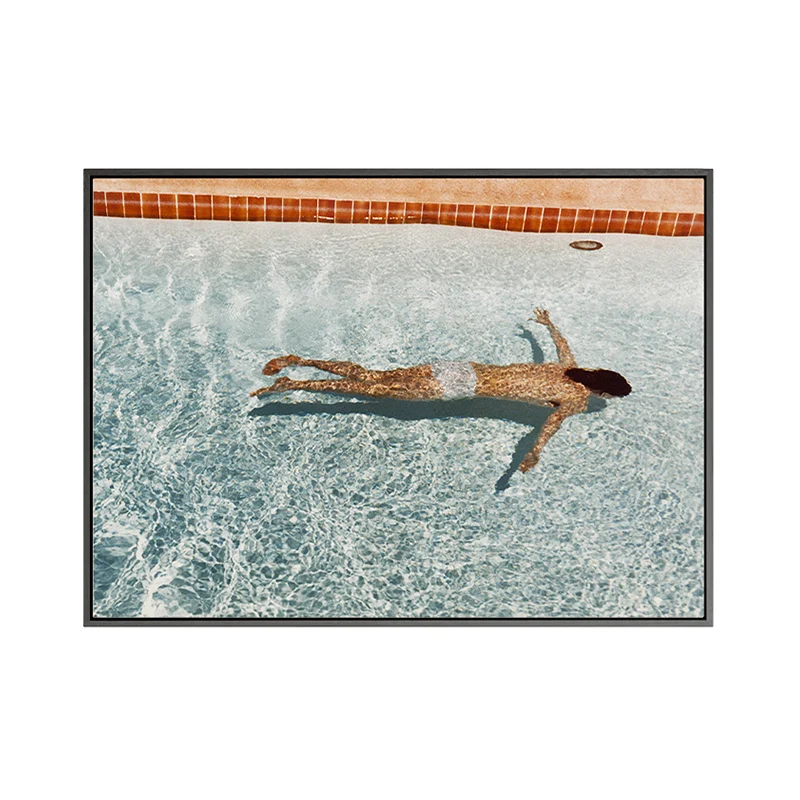 Pintura de mujer nadando en la piscina, arte pop texturizado, impresión en lienzo para dormitorio de niñas en azul Azul Cl...