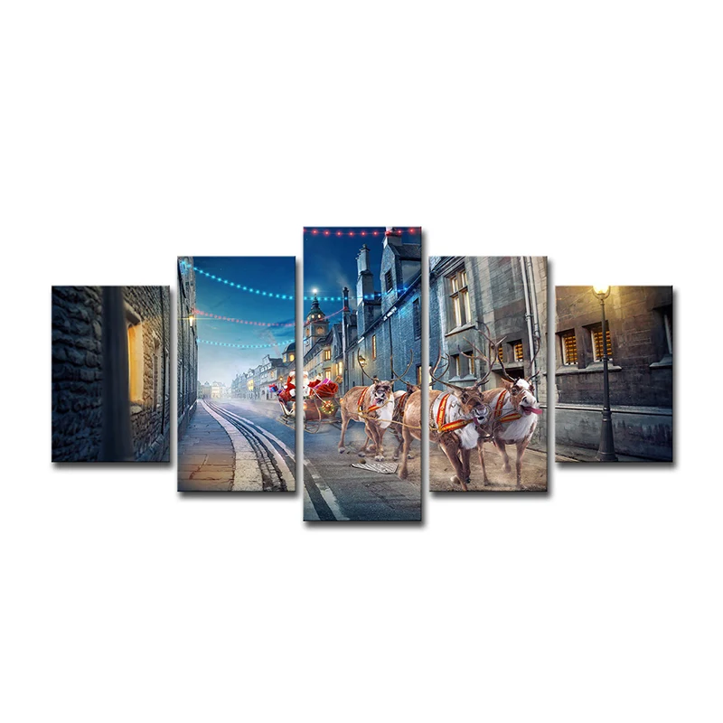 Pintura navideñ de Papá Noel, arte moderno de pared para sala de estar de varias piezas Azul Clearhalo
