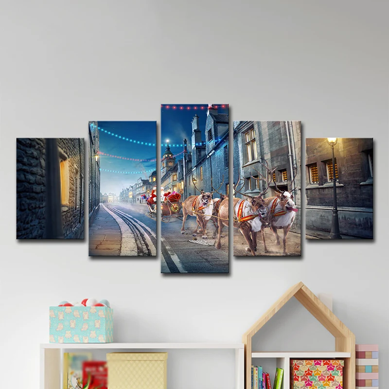 Pintura navideñ de Papá Noel, arte moderno de pared para sala de estar de varias piezas Azul Clearhalo