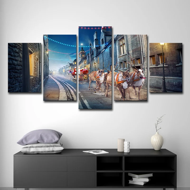 Pintura navideñ de Papá Noel, arte moderno de pared para sala de estar de varias piezas Azul Clearhalo