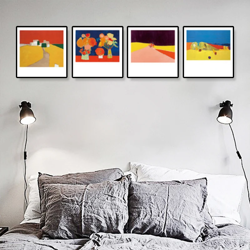 Pintura de paisaje en colores pastel de arte de pared de lienzo moderno, varios tamaños disponibles (juego de 4) Amarillo...