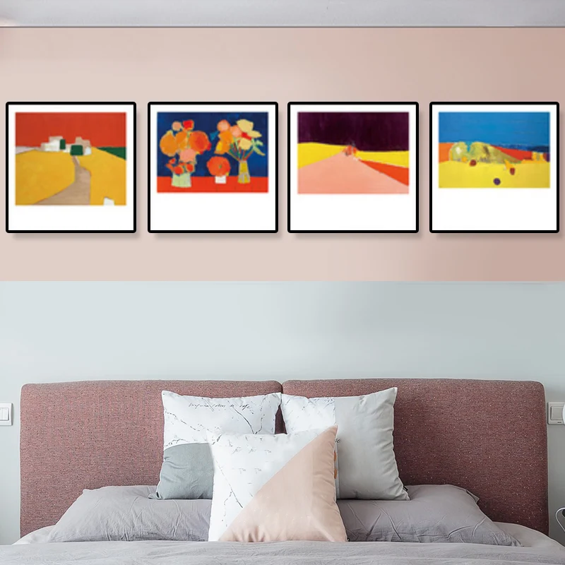 Pintura de paisaje en colores pastel de arte de pared de lienzo moderno, varios tamaños disponibles (juego de 4) Amarillo...