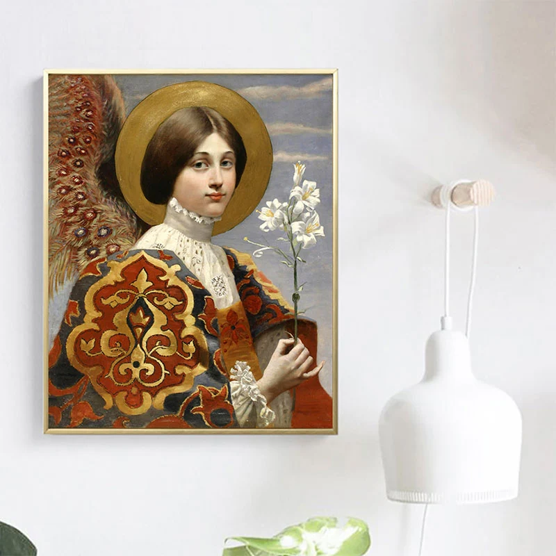 Pintura texturizada en lienzo, estilo retro, decoración de arte de pared de doncella y flor, varios tamaños Marron Clearhalo