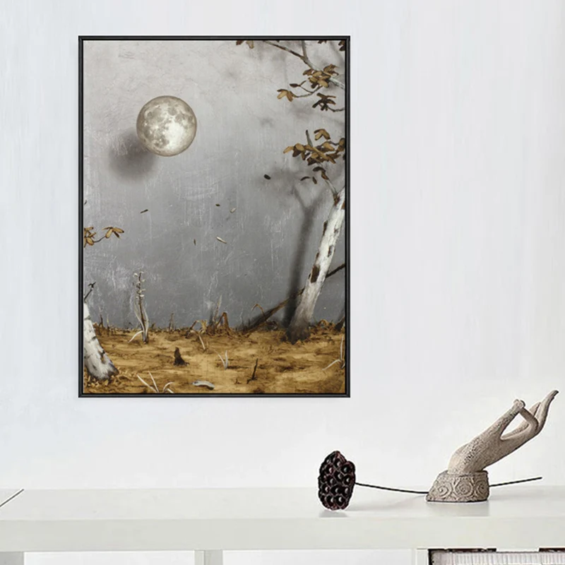 Pinturas artísticas de pared de surrealismo gris, impresión en lienzo con vista la luna y al árbol para sala de estudio Gr...