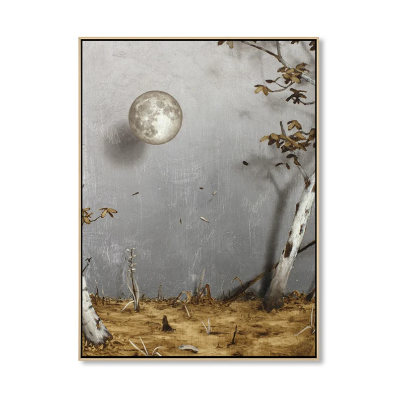 Pinturas artísticas de pared de surrealismo gris, impresión en lienzo con vista la luna y al árbol para sala de estudio Gr...