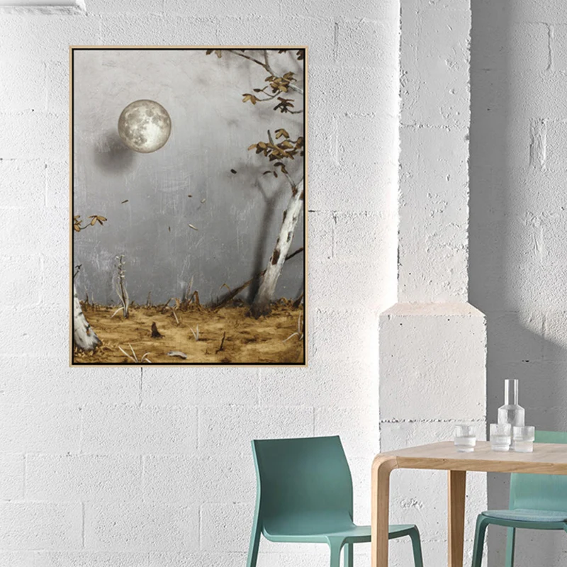 Pinturas artísticas de pared de surrealismo gris, impresión en lienzo con vista la luna y al árbol para sala de estudio Gr...
