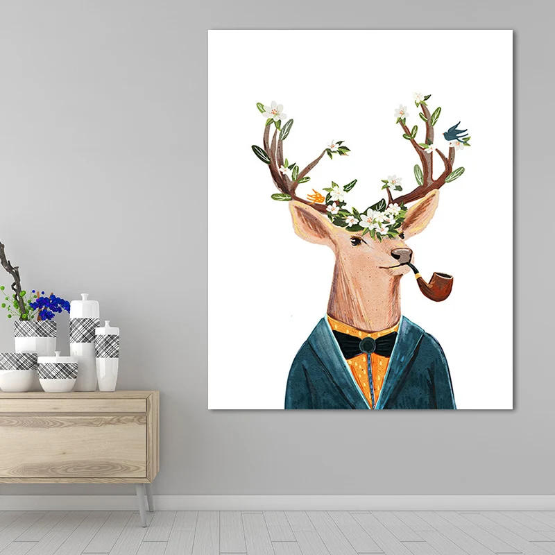 Pinturas de ciervos decorativas contemporáneas para sala de estar, impresión artística de pared en colores Marron Clearhalo