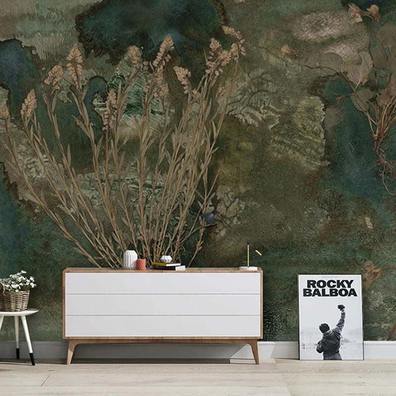 Revestimiento de pared tropical verde negruzco de arbusto y bosque de mural grande no tejido, tamaño personalizado disponi...