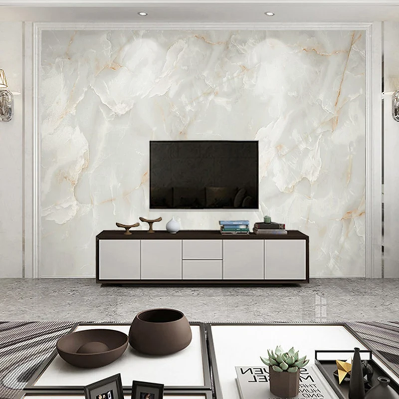 Revestimiento de paredes de mármol contemporáneo en papel tapiz mural para dormitorio en amarillo y blanco, impreso medida...