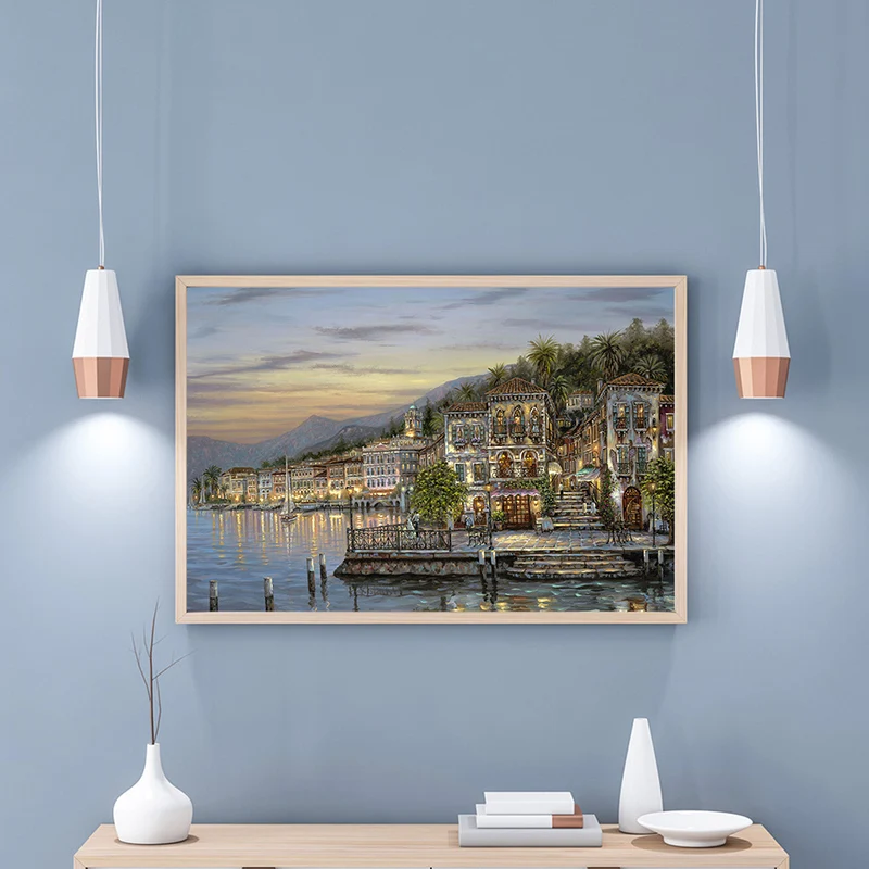 Riverside City Scene Art Print Impresionismo Lienzo Decoración de pared, opciones de múltiples tamaños Marron Clearhalo