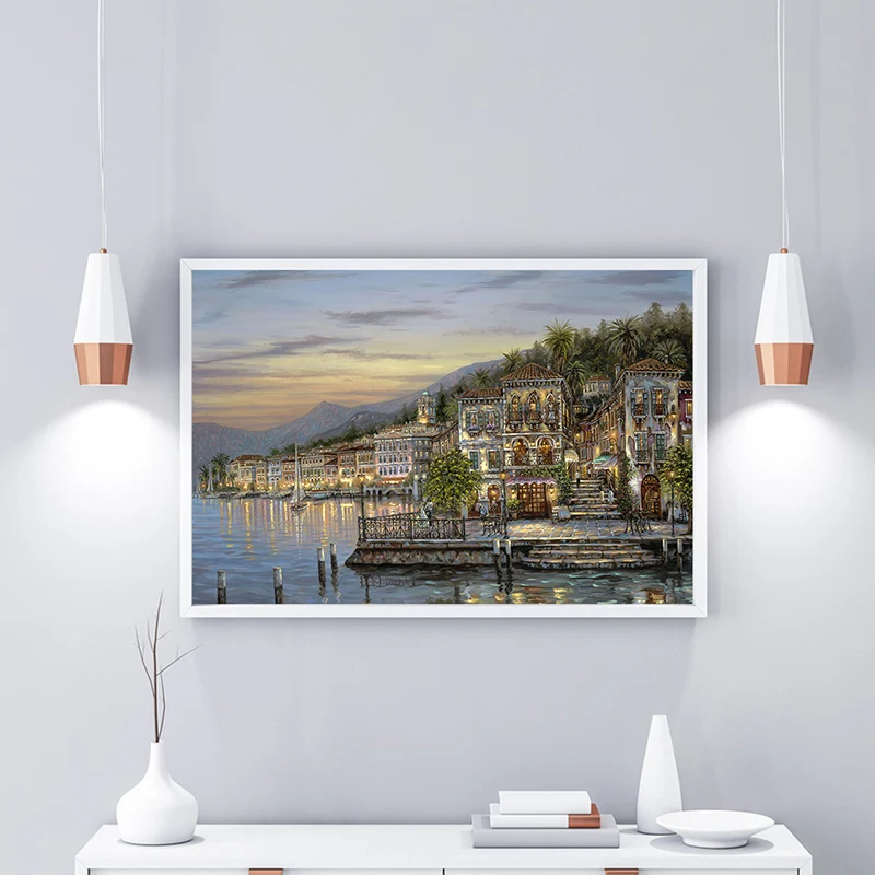 Riverside City Scene Art Print Impresionismo Lienzo Decoración de pared, opciones de múltiples tamaños Marron Clearhalo