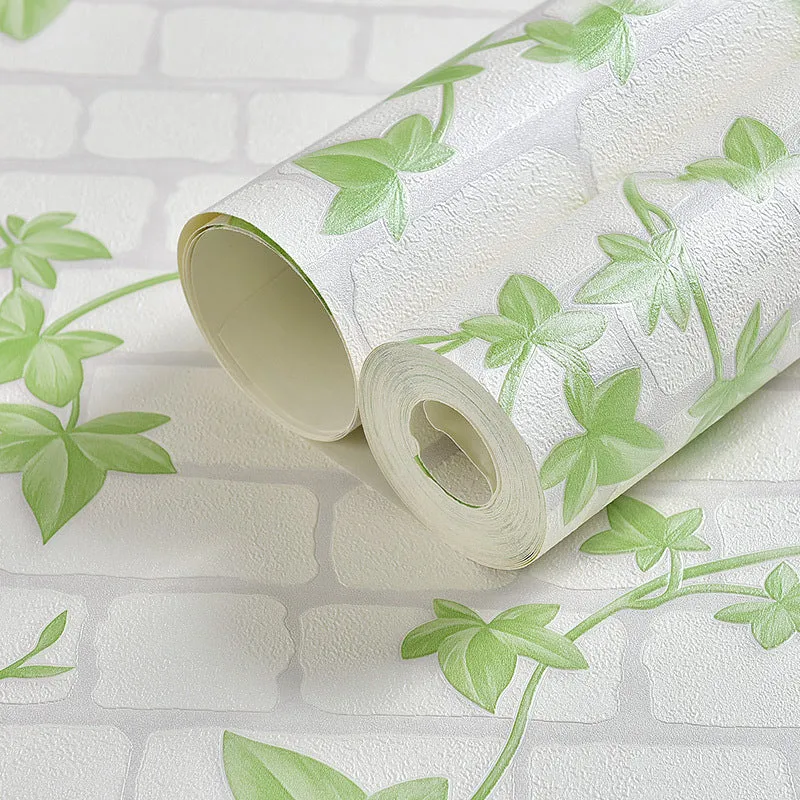 Rollo de papel pintado de enredadera y ladrillo, decoración de pared campestre verde y blanca para dormitorio Clearhalo