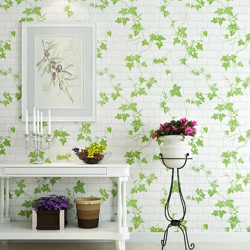 Rollo de papel pintado de enredadera y ladrillo, decoración de pared campestre verde y blanca para dormitorio Clearhalo