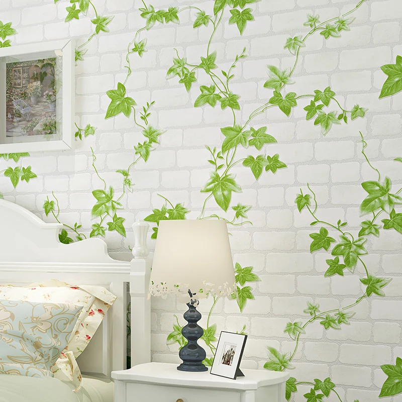 Rollo de papel pintado de enredadera y ladrillo, decoración de pared campestre verde y blanca para dormitorio Clearhalo