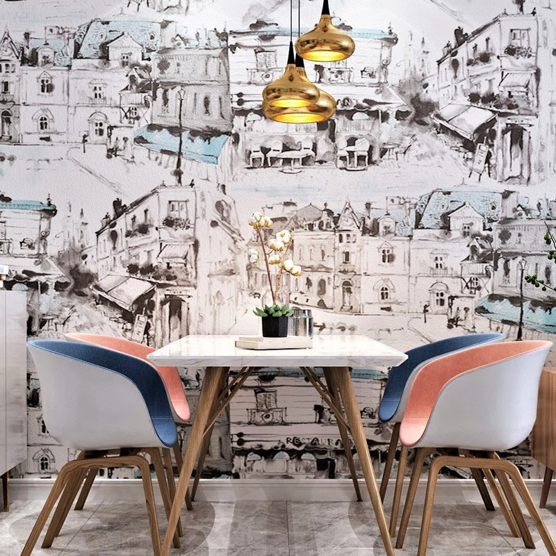 Rollo de papel pintado industrial con pintura al óleo para comedor, gris y amarillo, 33 pies x 20,5 pulgadas Gris Clearhalo