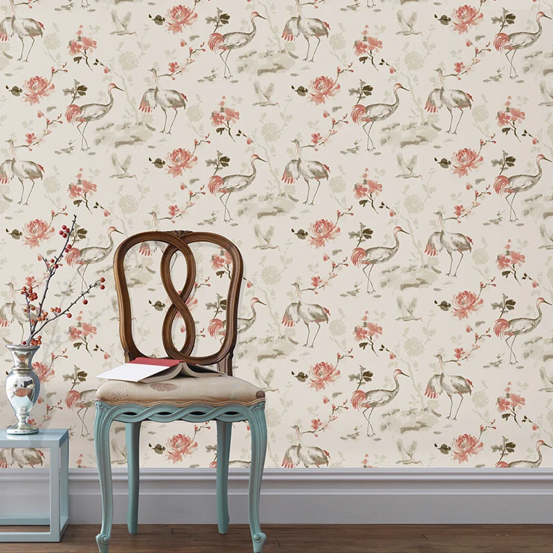 Rollo de papel pintado rural de pájaros y flores para el hogar, revestimiento de paredes de 33' x 20,5" en color natural G...