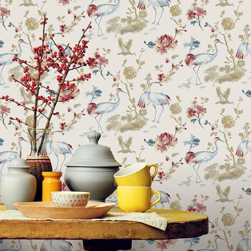 Rollo de papel pintado rural de pájaros y flores para el hogar, revestimiento de paredes de 33' x 20,5" en color natural G...