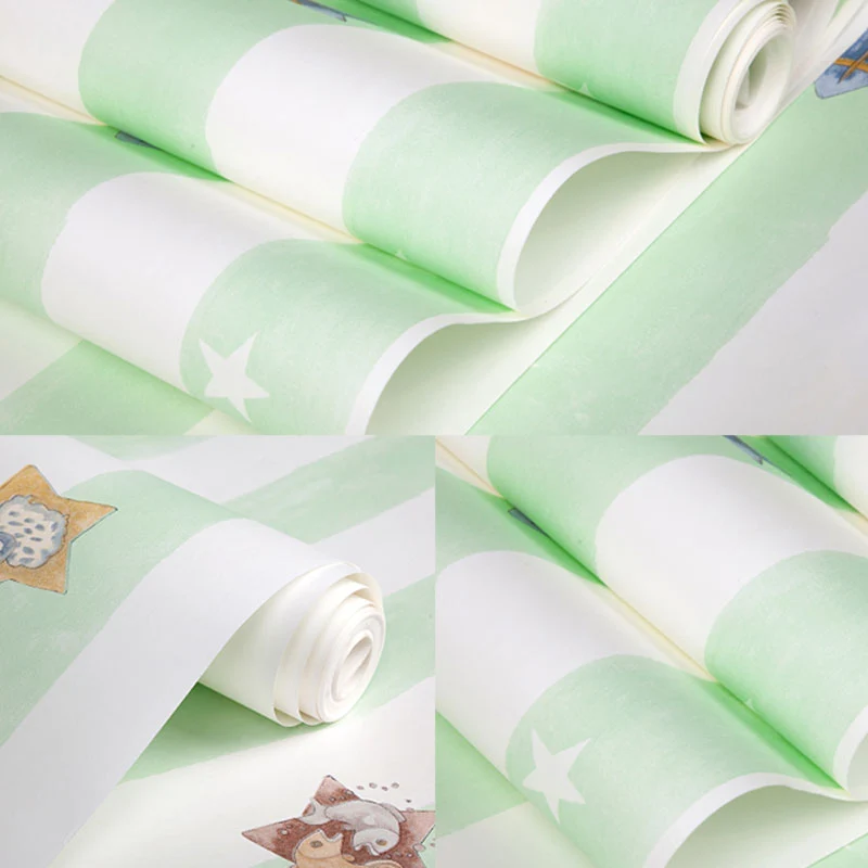 Rollo de papel tapiz minimalista de 33' x 20,5" para dormitorio infantil con diseño de rayas y estrellas de dibujos animad...