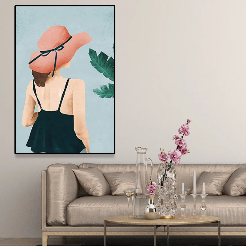 Scandinavian Fashion Girl Wall Decor Pastel Color Canvas Print Living Room (Multiple Sizes) Blanco Clearhalo