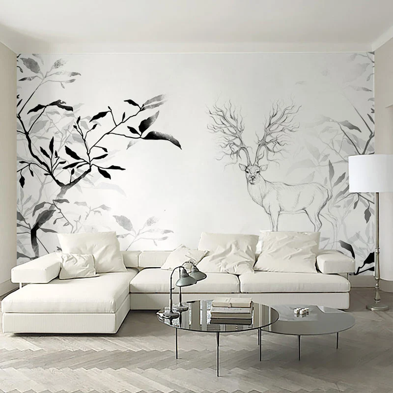 Simplicity Deer Elk Decoración de pared para dormitorio, calcomaní mural de pared de tamaño personalizado en blanco y negr...