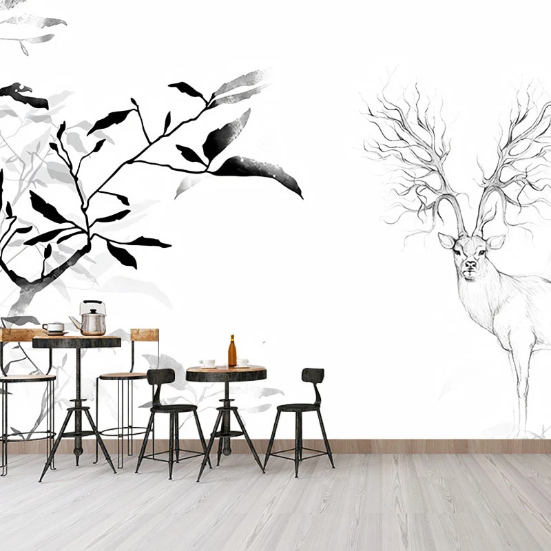 Simplicity Deer Elk Decoración de pared para dormitorio, calcomaní mural de pared de tamaño personalizado en blanco y negr...