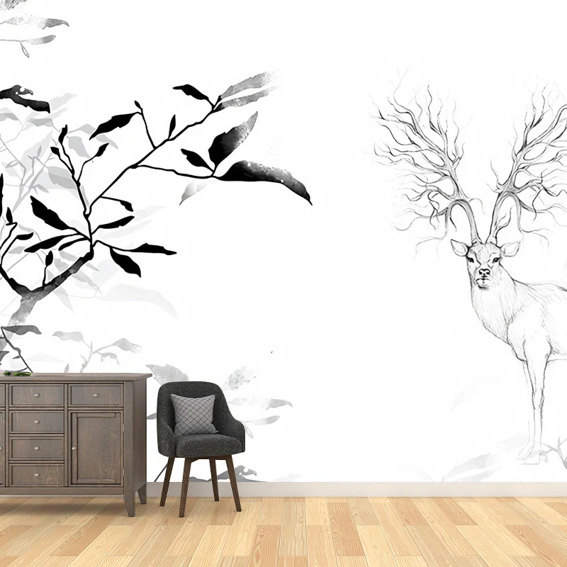 Simplicity Deer Elk Decoración de pared para dormitorio, calcomaní mural de pared de tamaño personalizado en blanco y negr...