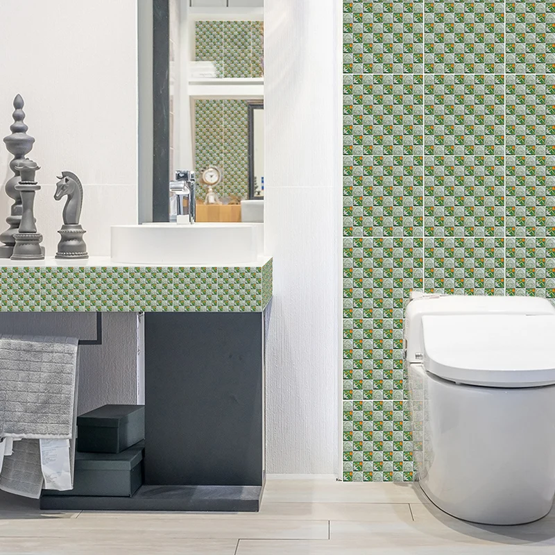 Stick On Mosaic Tiles Wallpaper Panel Set Arte de pared contemporáneo verde para baño Clearhalo
