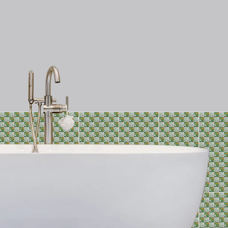 Stick On Mosaic Tiles Wallpaper Panel Set Arte de pared contemporáneo verde para baño Clearhalo