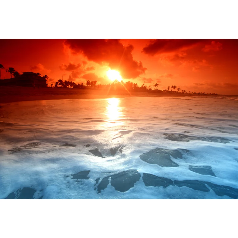 Tropix Sunset Sea View Mural no tejido impermeable blanco-naranja arte de pared para dormitorio Blanco Clearhalo