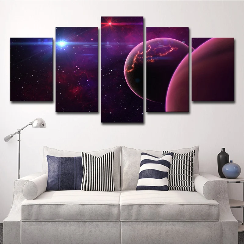 Universe Wall Art Kids Dreamy Planet and Stars Lienzo impreso en color morado para dormitorio Purpura Clearhalo