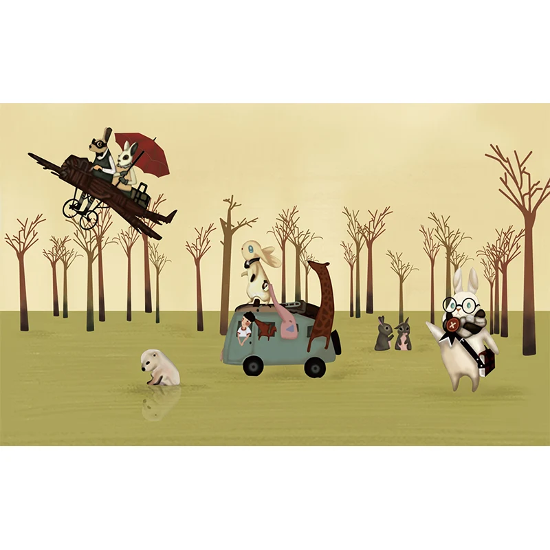 Vinilo mural decorativo no tejido Animal salvaje con vehículos en el bosque Revestimiento de paredes Marron Clearhalo