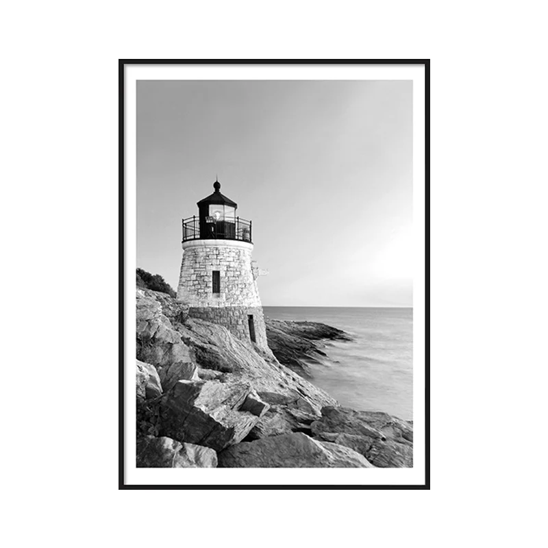 Vintage Seaside Lighthouse Art Print Canvas Decoración de pared de edificio gris, varios tamaños disponibles Gris Clearhalo