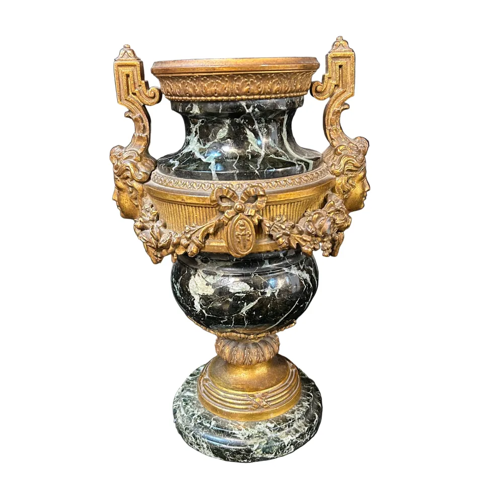Cassolette francés estilo neoclásico bronce y mármol verde veteado Colección Exclusiva