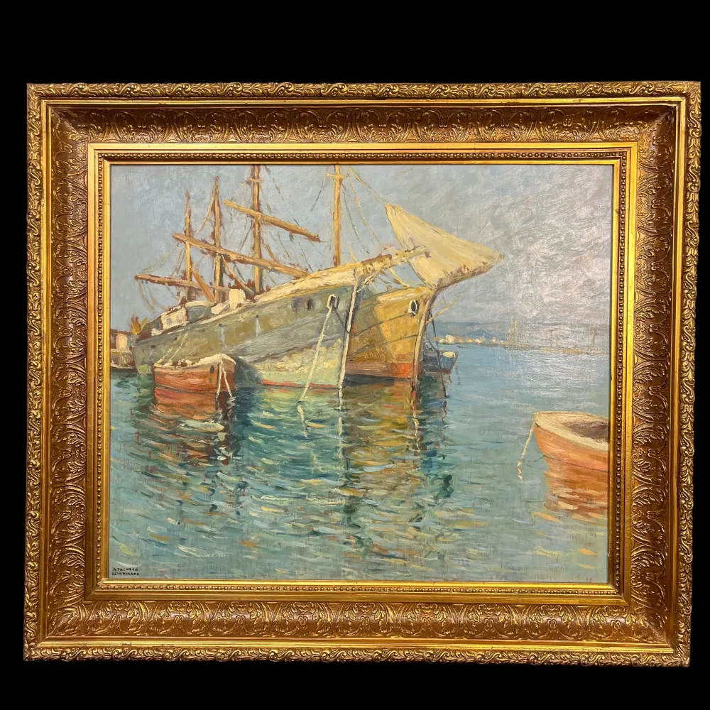 Pacheco Altamirano - Óleo sobre madera 'Embarcaciones y su reflejo en el mar' Colección Exclusiva