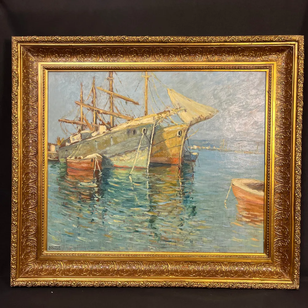 Pacheco Altamirano - Óleo sobre madera 'Embarcaciones y su reflejo en el mar' Colección Exclusiva