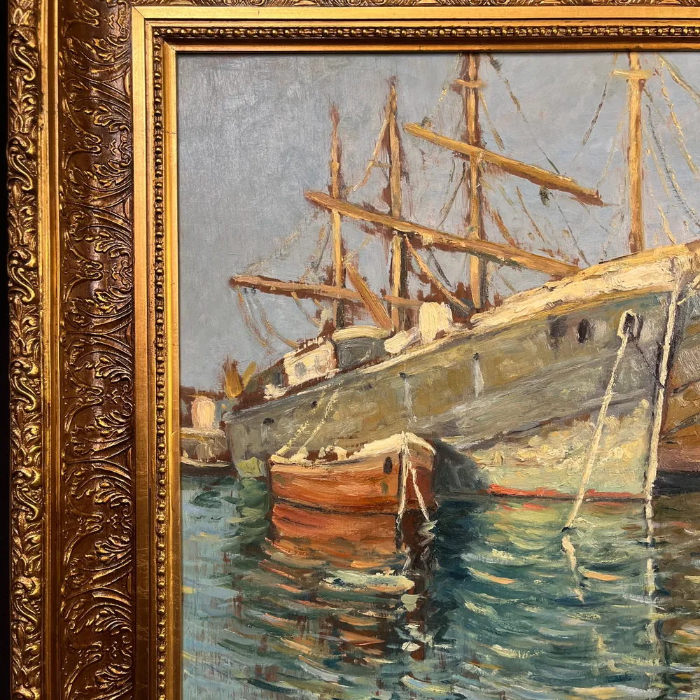 Pacheco Altamirano - Óleo sobre madera 'Embarcaciones y su reflejo en el mar' Colección Exclusiva