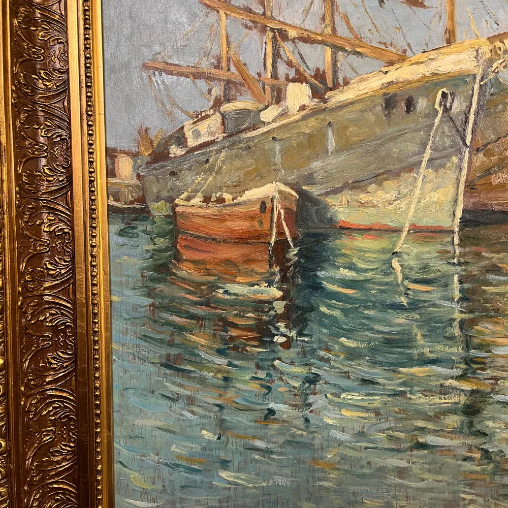 Pacheco Altamirano - Óleo sobre madera 'Embarcaciones y su reflejo en el mar' Colección Exclusiva