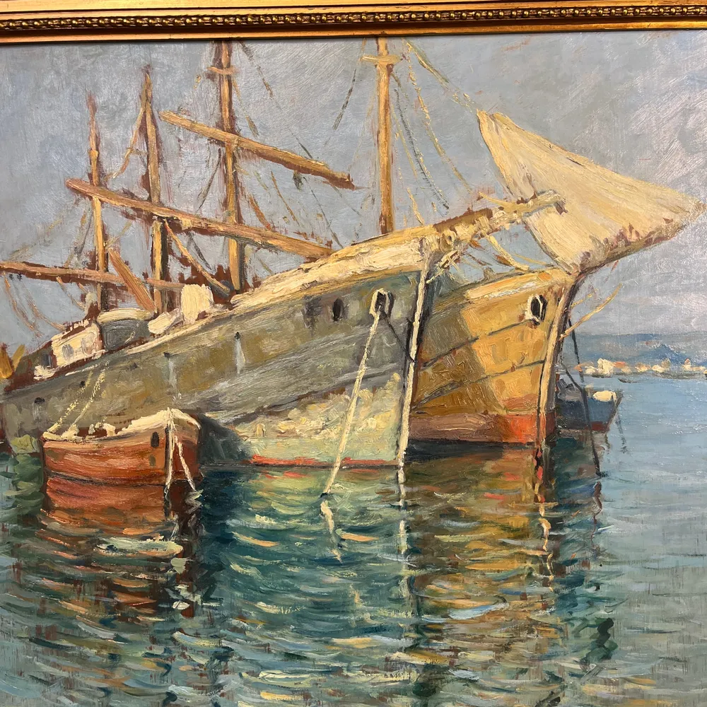 Pacheco Altamirano - Óleo sobre madera 'Embarcaciones y su reflejo en el mar' Colección Exclusiva