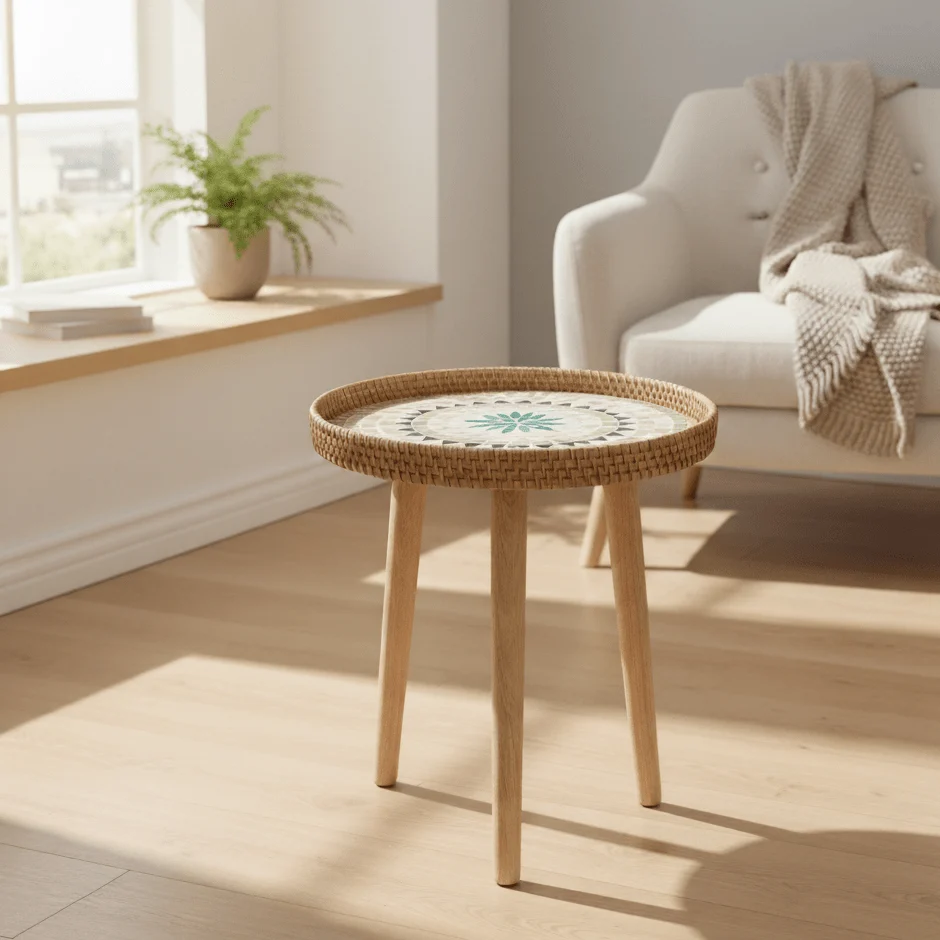 RATTORA – Mesa de ratán hecha mano con diseño escandinavo de madera Cozey Maison