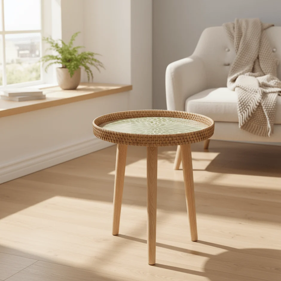 RATTORA – Mesa de ratán hecha mano con diseño escandinavo de madera Cozey Maison
