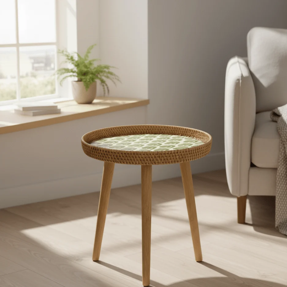 RATTORA – Mesa de ratán hecha mano con diseño escandinavo de madera Cozey Maison