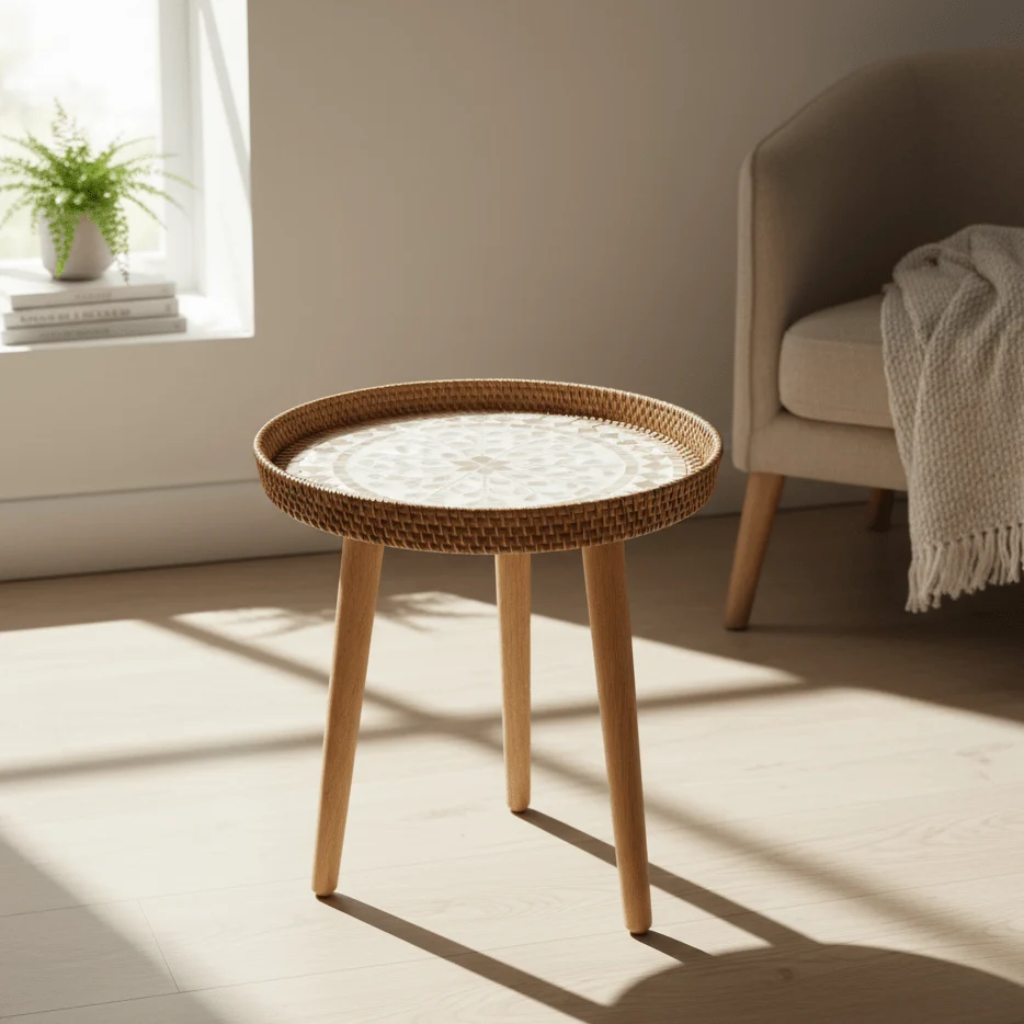 RATTORA – Mesa de ratán hecha mano con diseño escandinavo de madera Cozey Maison
