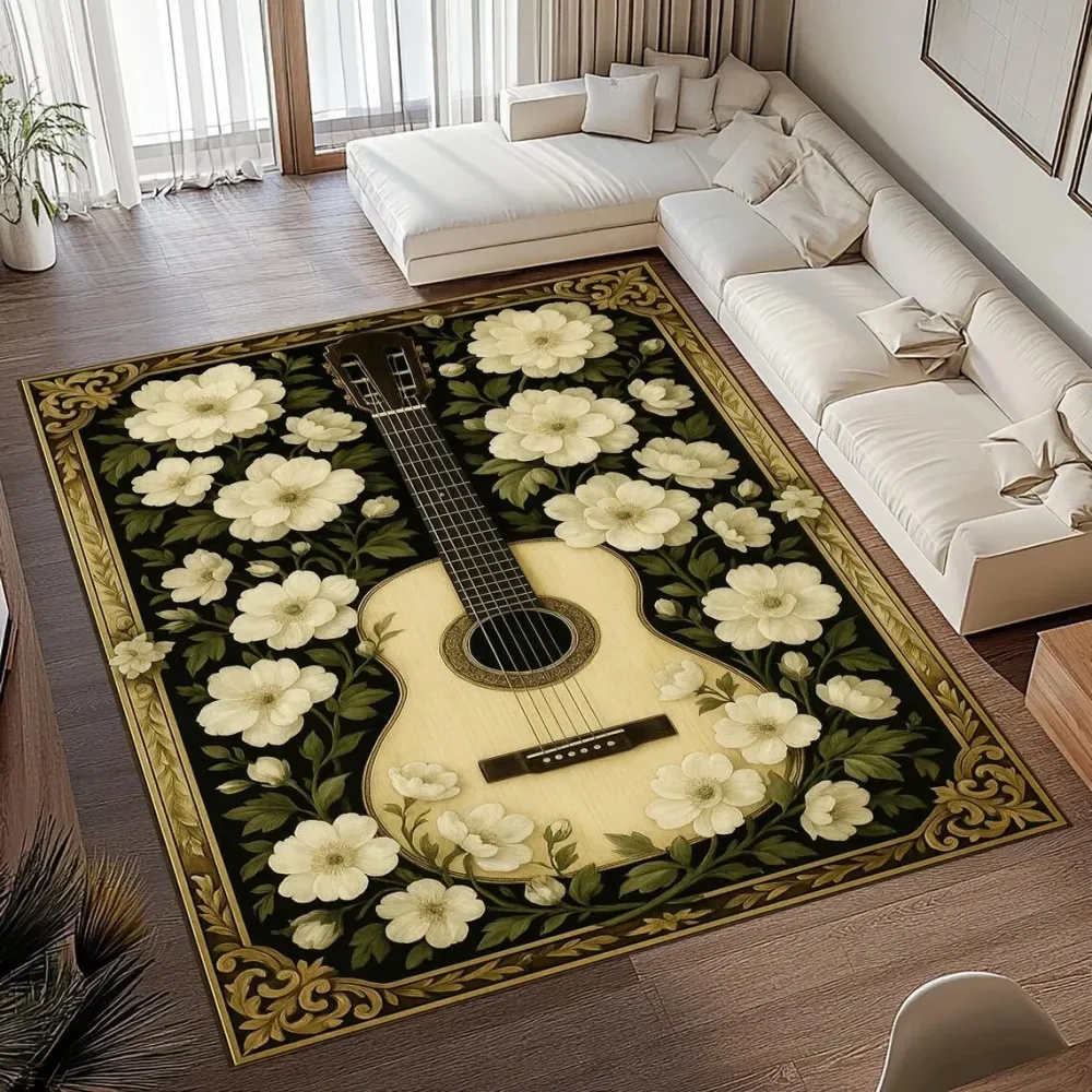 SOFTVINTAGE – Alfombra de superficie con estampado de guitarra vintage de franela suave antideslizante para decoración del...