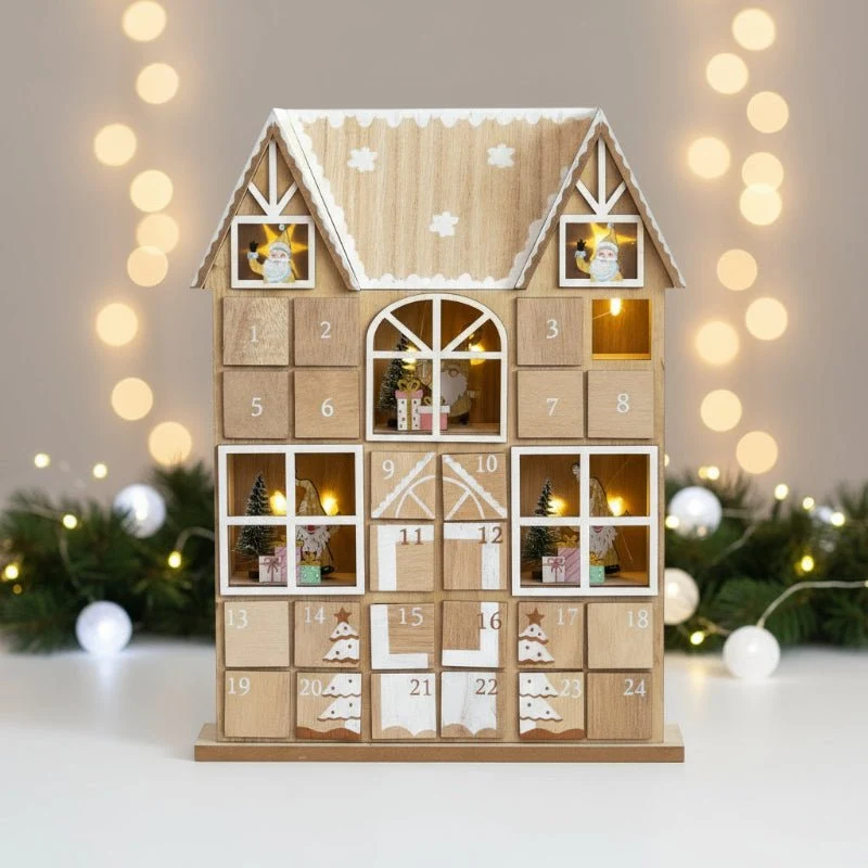 XMASCOTTAGE – Calendario de Adviento de madera iluminado para decoración festiva del hogar Cozey Maison
