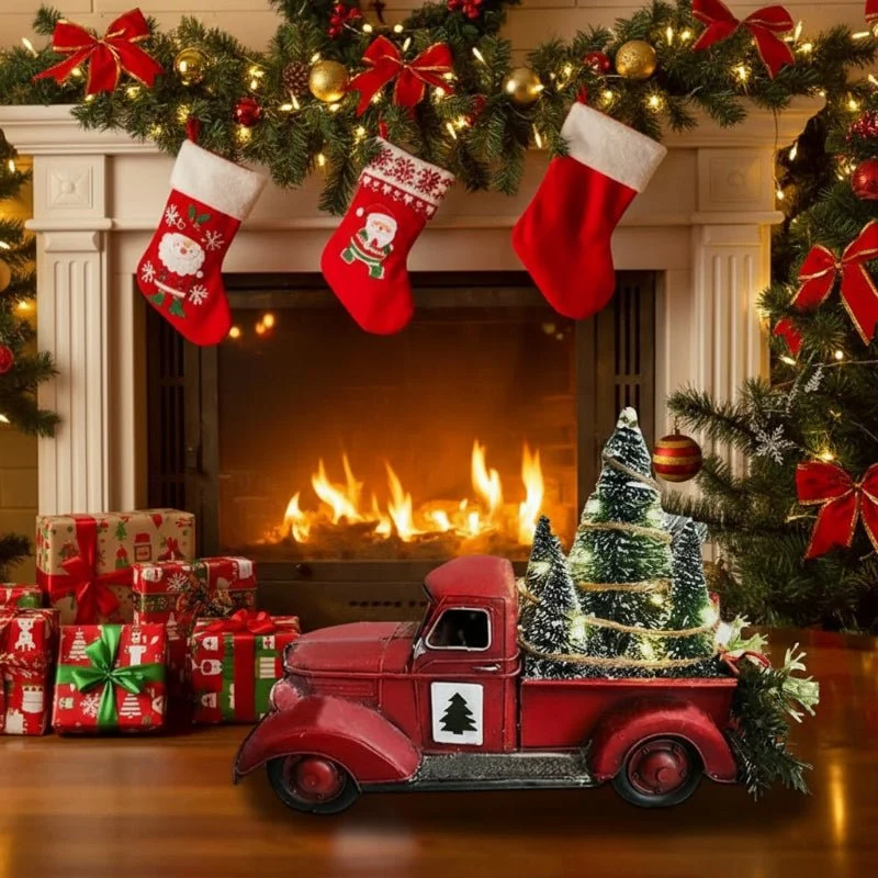 YULEYARDER – Adorno de camión rojo vintage con mini árbol para decoración festiva Cozey Maison